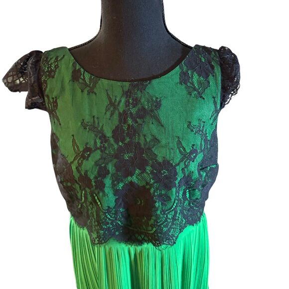REVIEW Dress Size 10 Lace Overlay Pleated Formal Dress Tea Length Green Black - Picture 6 of 14